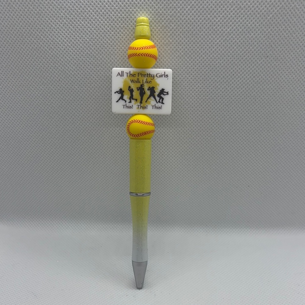Handmade Silicone Focal Bead Softball Themed Yellow Pen